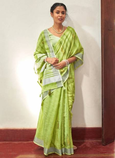 Light Green Colour SANGAM PARUL Latest Designer Fancy Regular Wear Linen Printed Saree Collection 4124